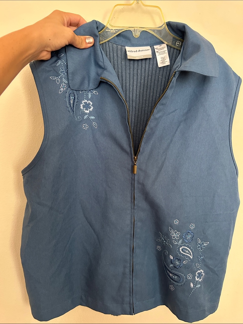 Alfred Dunner Dusty Blue Embroidered Zip-Front Vest